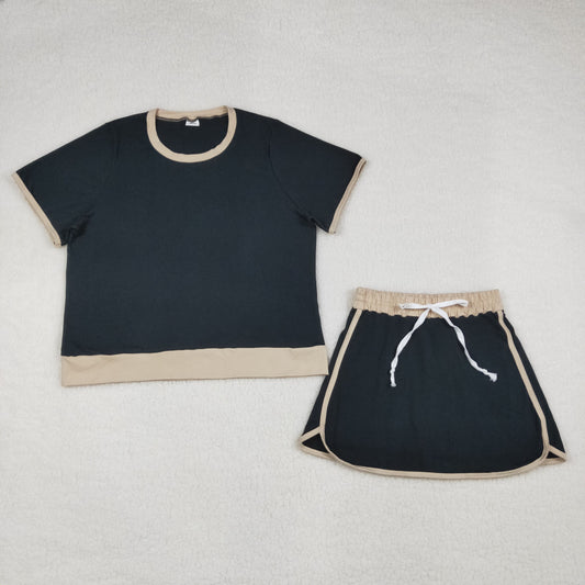 Adult Women Black Short Sleeve Shirt Top Skirt Shorts Clothes Set