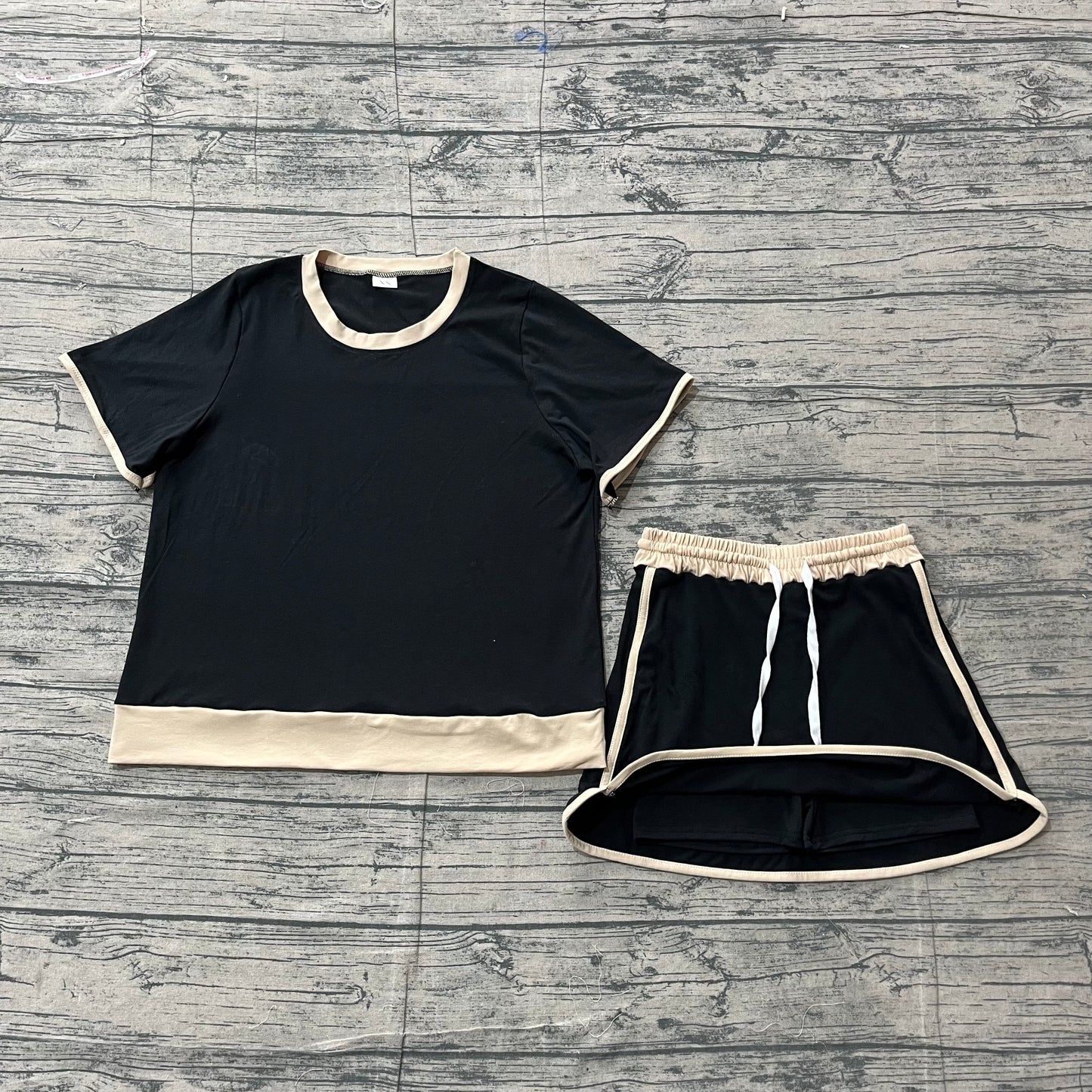 Adult Women Black Short Sleeve Shirt Top Skirt Shorts Clothes Set
