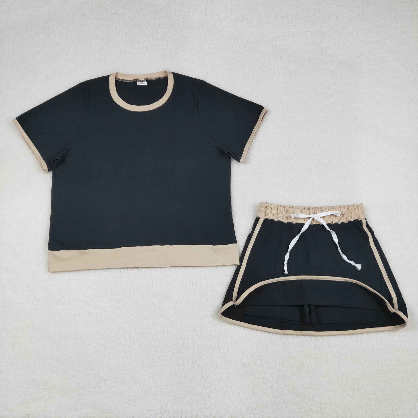 Adult Women Black Short Sleeve Shirt Top Skirt Shorts Clothes Set