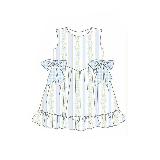 Baby Girls Sleeveless Blue Flowers Stripe Ruffle Knee Length Dresses Preorder
