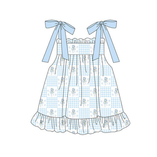 Baby Girls Strap Blue Flowers Checked Ruffle Knee Length Dresses Preorder