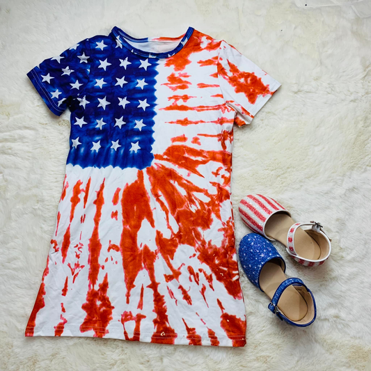 Baby Girls Tie-dye Flags Stars 4th of July Knee Length Dresses Preorder