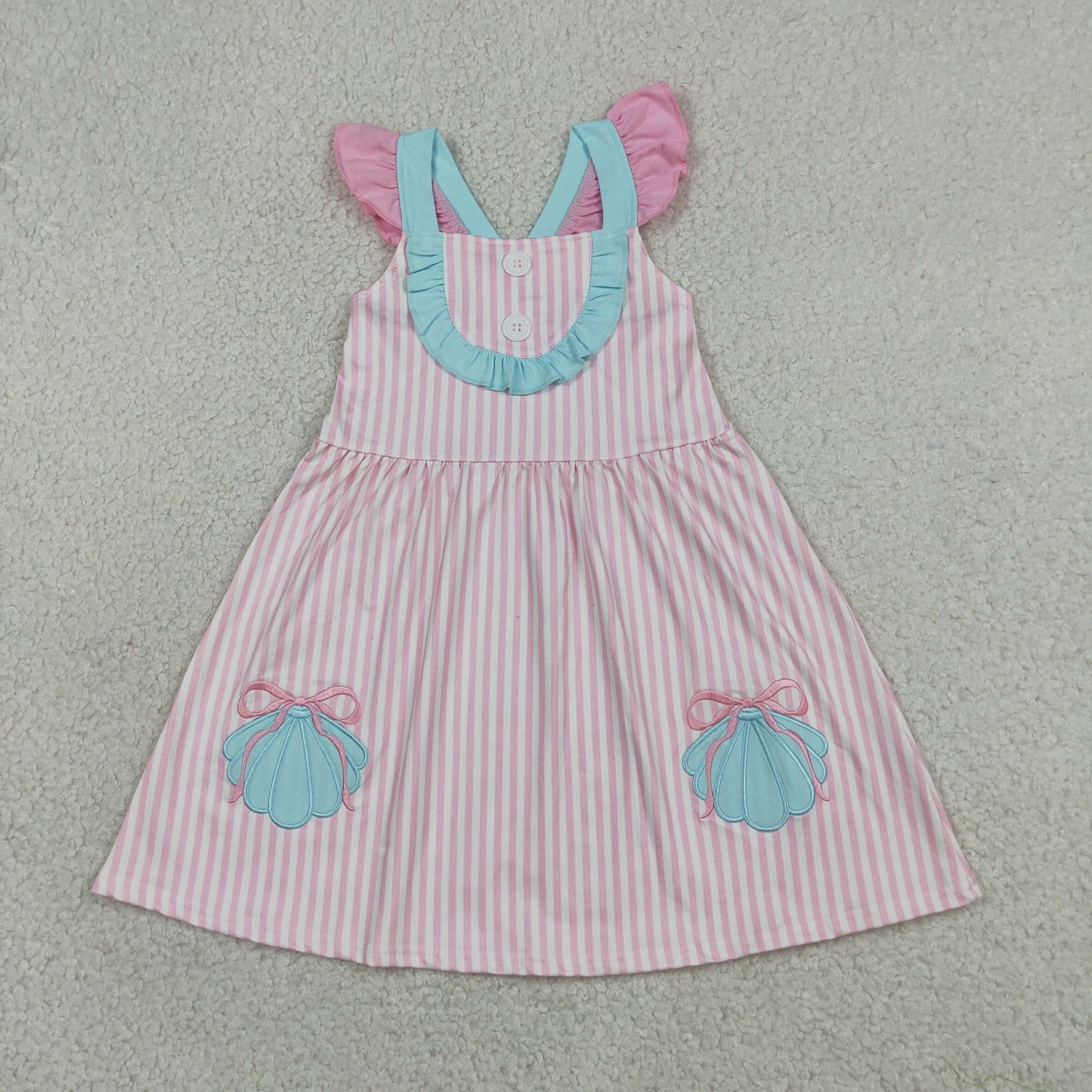 Embroidery Bow Shells Baby Girls Pink Stripe Button Knee Length Dresses
