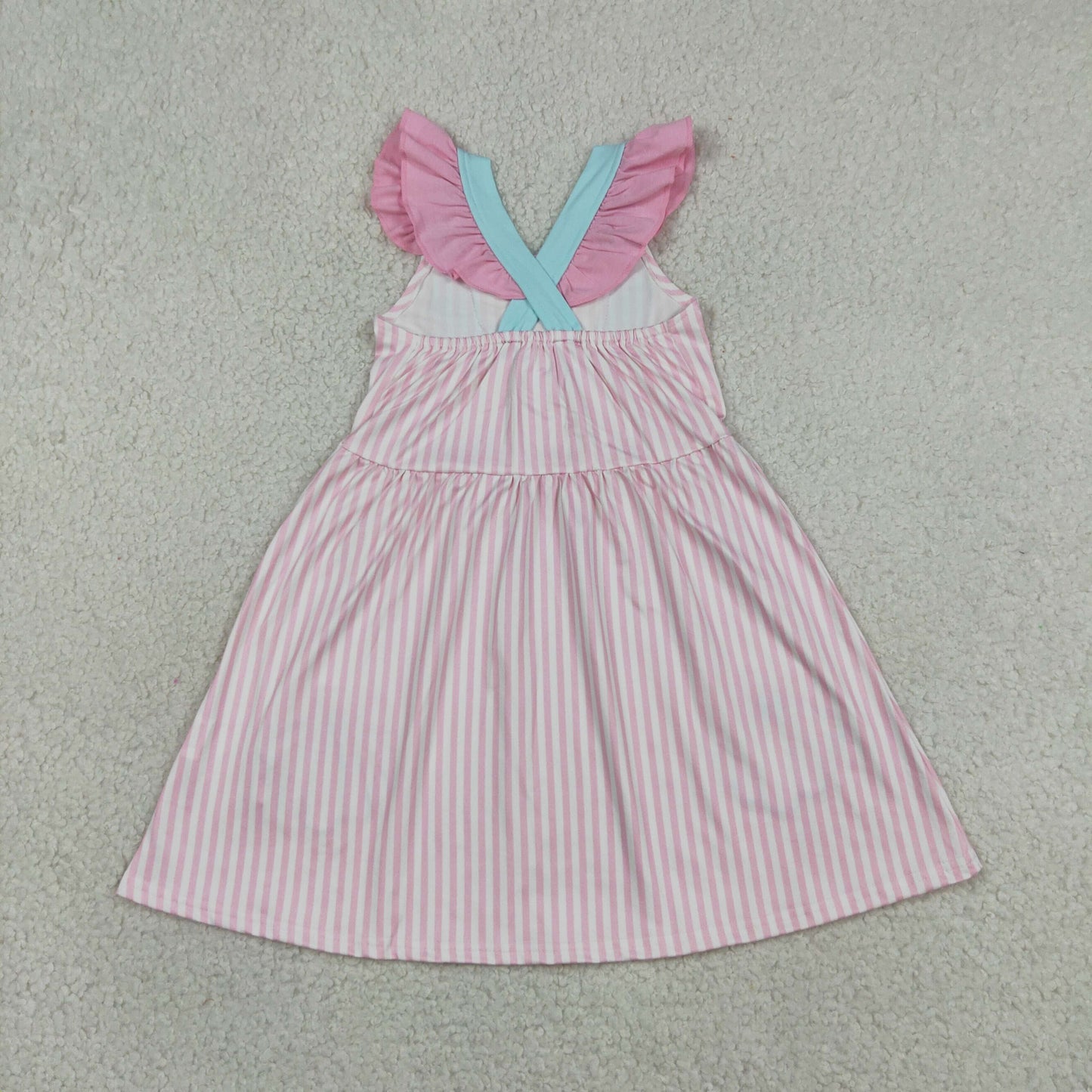 Sibling Baby Girls Pink Stripe Embroidery Bows Shells Strap Knee Length Dress Rompers