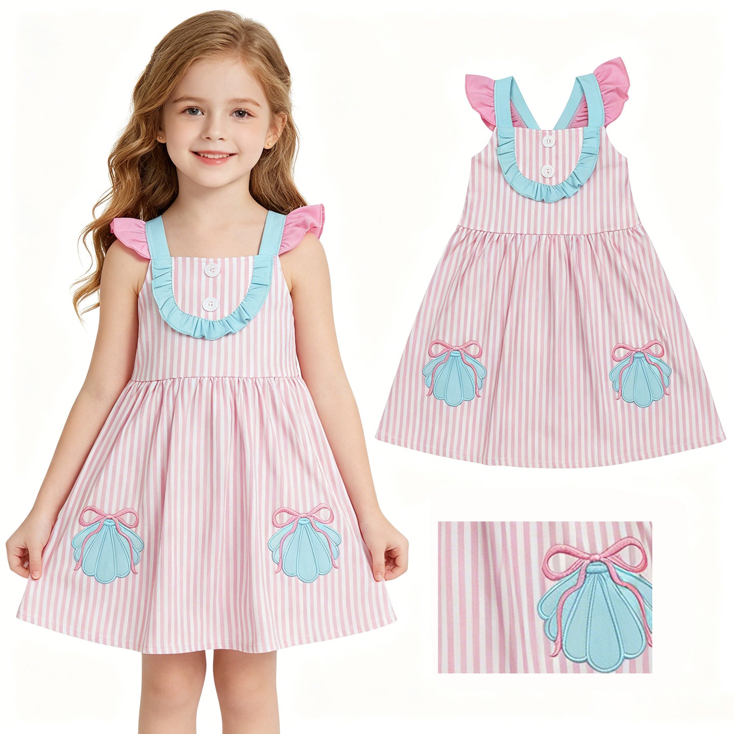 Embroidery Bow Shells Baby Girls Pink Stripe Button Knee Length Dresses