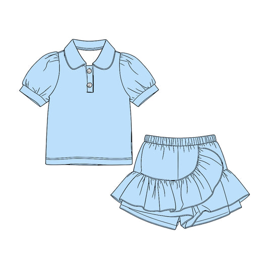 Baby Girls Blue Short Sleeve Button Polo Shirts Ruffle Skirt Shorts Clothes Set Preorder