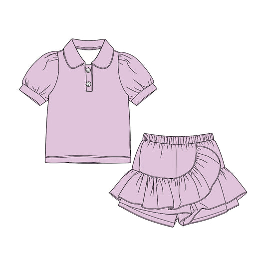 Baby Girls Lavender Short Sleeve Button Polo Shirt Ruffle Skirt Shorts Clothes Set Preorder