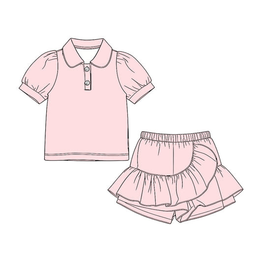 Baby Girls Pink Short Sleeve Button Polo Shirt Ruffle Skirt Shorts Clothes Set Preorder