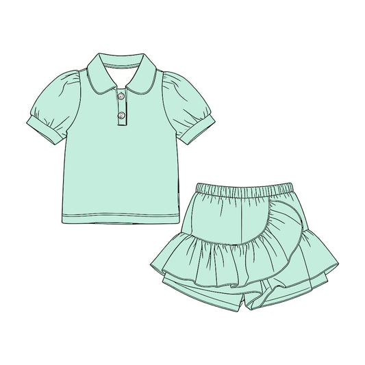 Baby Girls Aqua Short Sleeve Button Polo Shirt Ruffle Skirt Shorts Clothes Set Preorder
