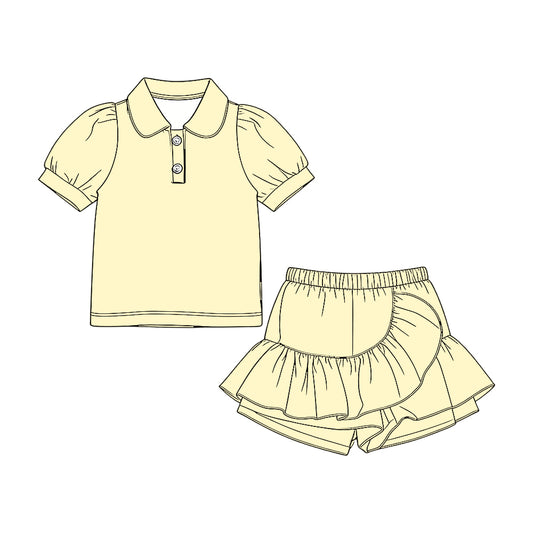 Baby Girls Yellow Short Sleeve Button Polo Shirt Ruffle Skirt Shorts Clothes Set Preorder
