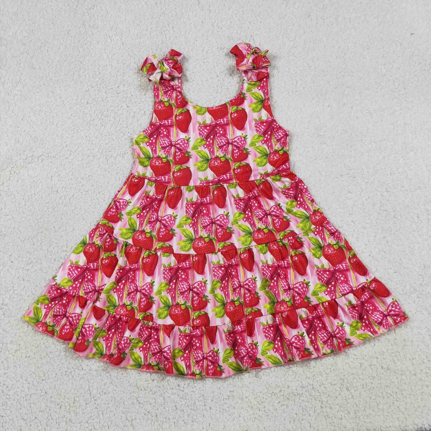 Sibling Baby Girls Bows Strawberry Strap Ruffle Knee Length Dress Tunic Bummies Rompers