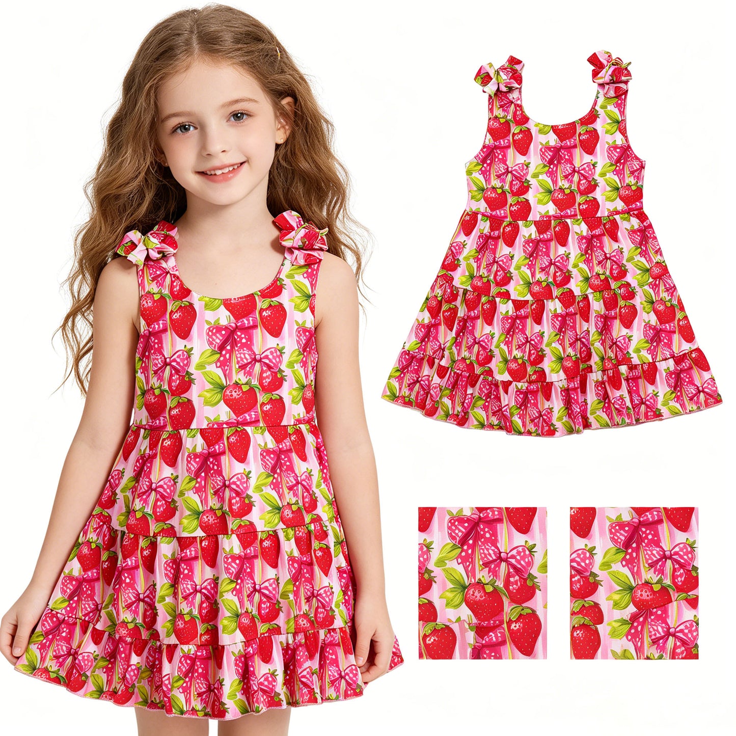 Baby Girls Strap Bows Strawberry Patchwork Knee Length Dresses