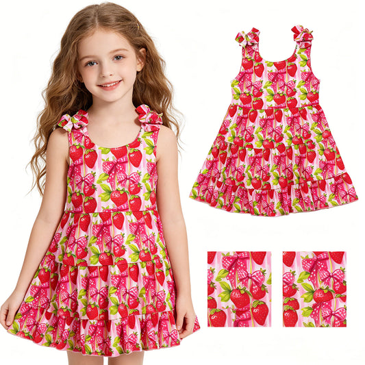 Baby Girls Strap Bows Strawberry Patchwork Knee Length Dresses