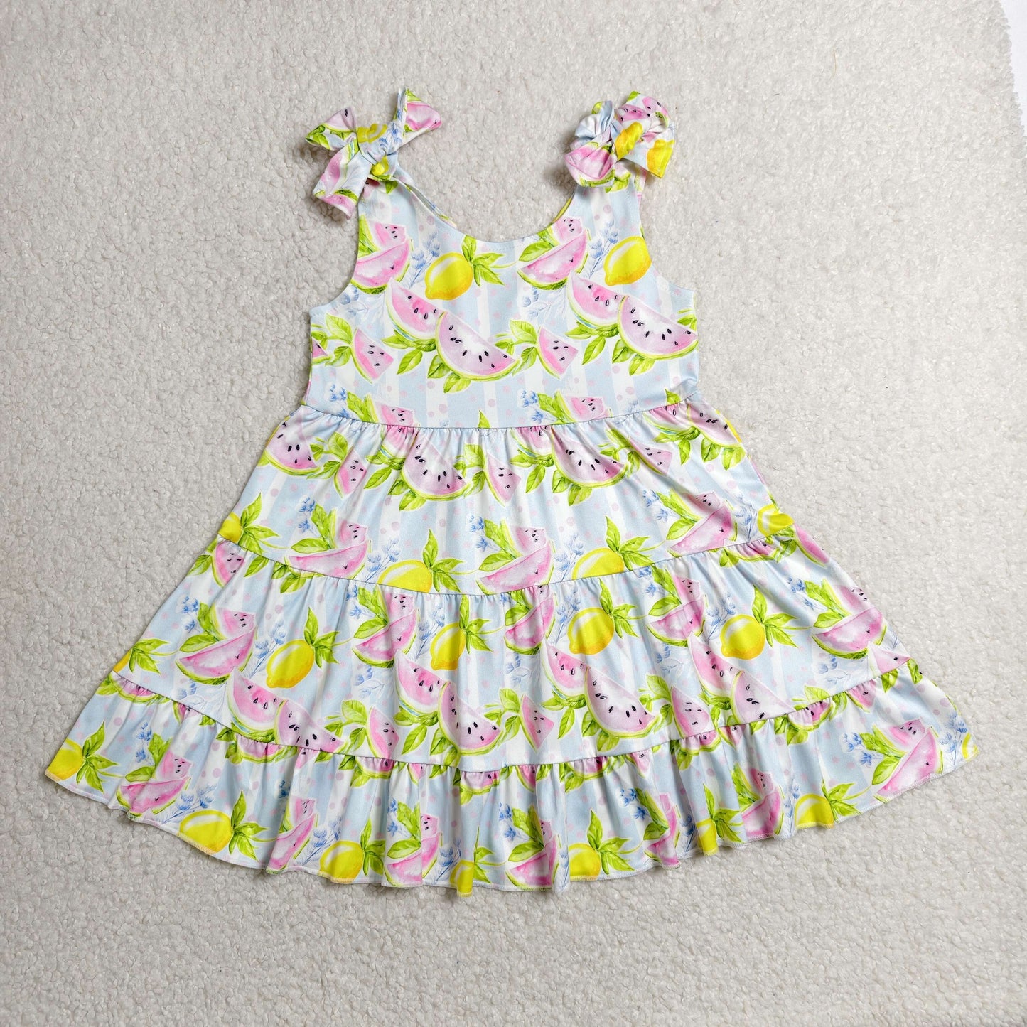 Sibling Baby Girls Lemons Watermelons Strap Ruffle Knee Length Dress Tunic Bummies Rompers