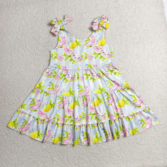Sibling Baby Girls Lemons Watermelons Strap Ruffle Knee Length Dress Tunic Bummies Rompers