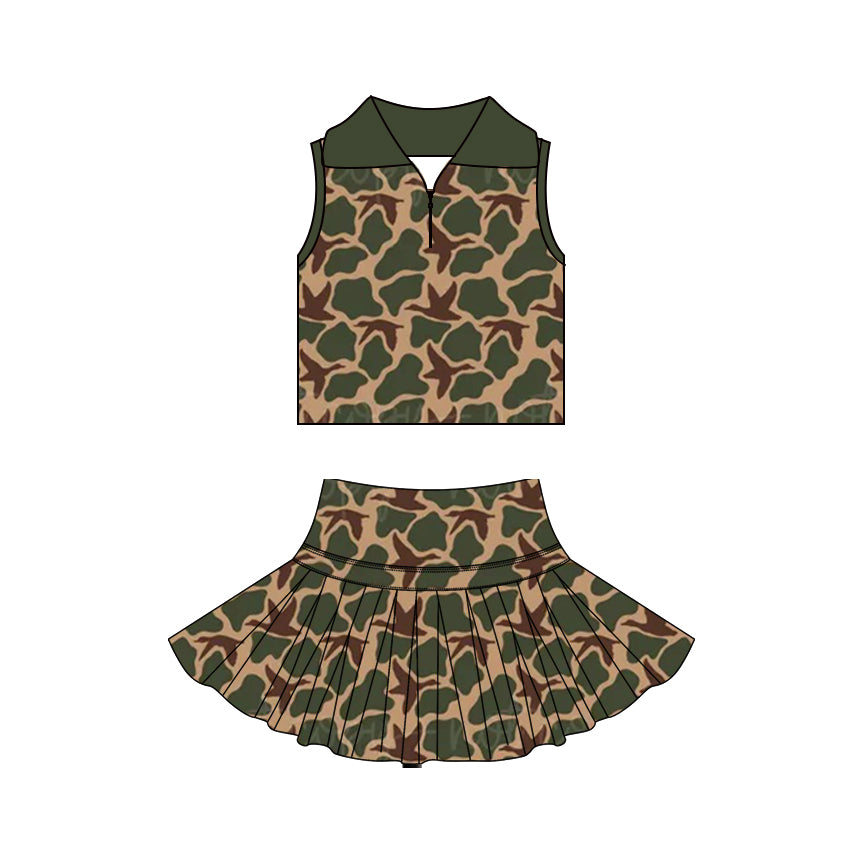 Baby Girls Green Ducks Camo Zipper Top Skirt Short Yoga Active Clothes Set Preorder