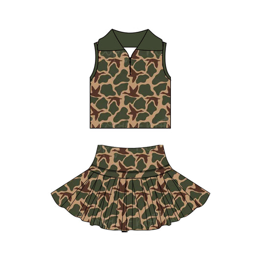 Baby Girls Green Ducks Camo Zipper Top Skirt Short Yoga Active Clothes Set Preorder