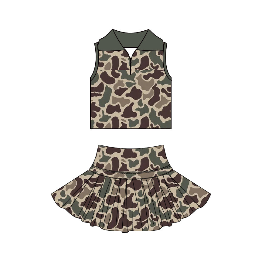 Baby Girls Brown Camo Zipper Top Skirt Short Yoga Active Clothes Set Preorder
