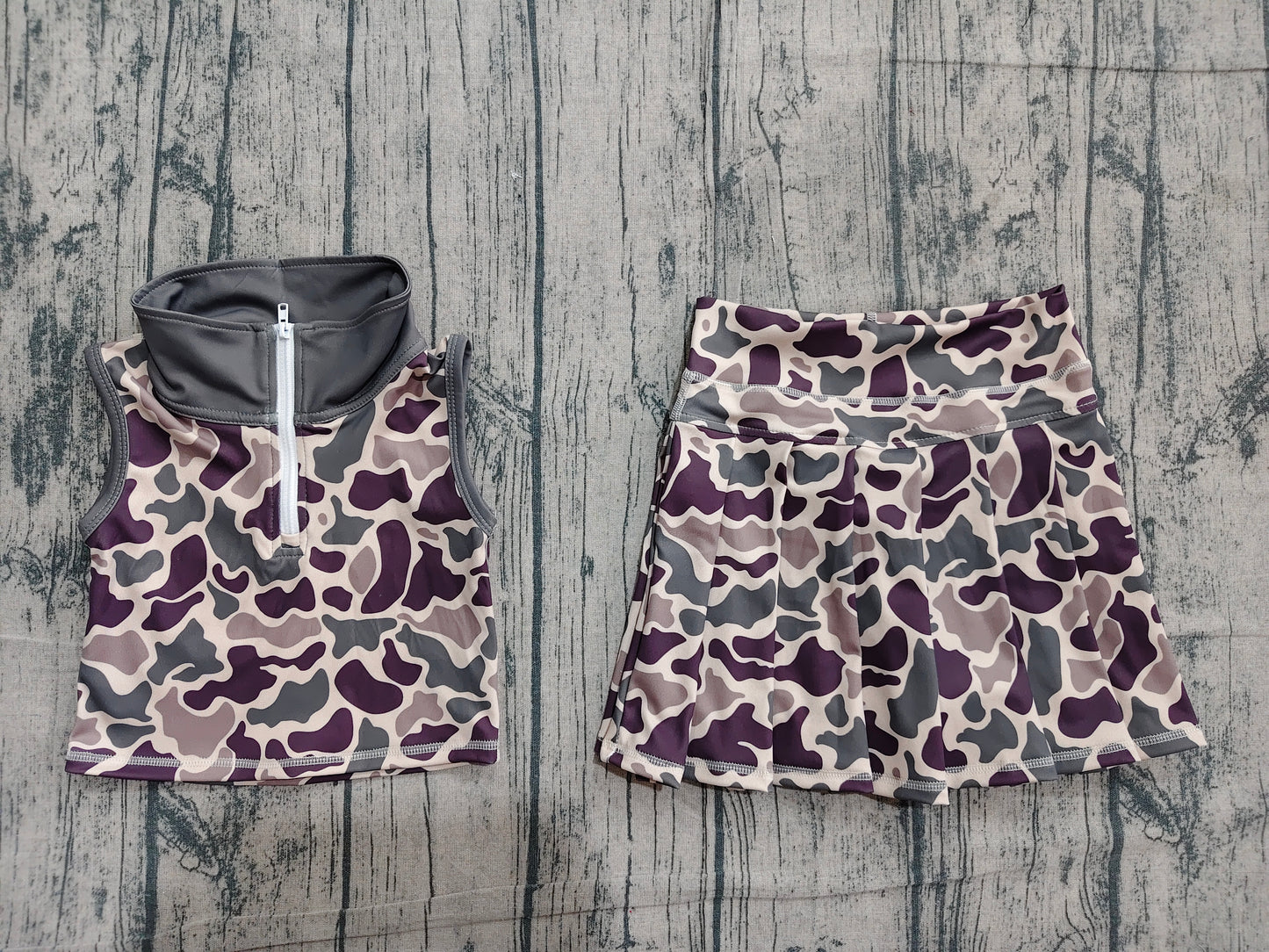 Baby Girls Brown Camo Zipper Top Skirt Short Yoga Active Clothes Set Preorder