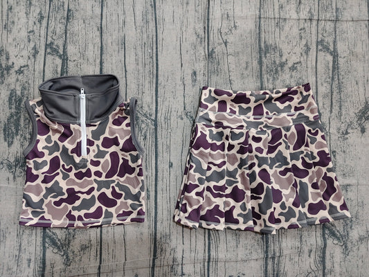 Baby Girls Brown Camo Zipper Top Skirt Short Yoga Active Clothes Set Preorder