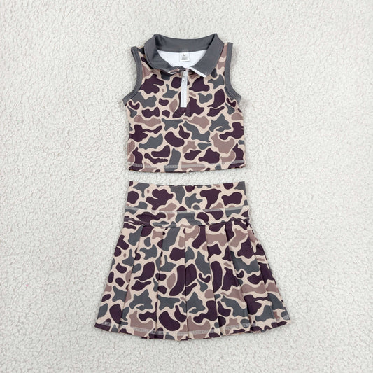 Baby Girls Brown Camo Zip Vest Pleated Skirt Short Yoga Active Clothes Set