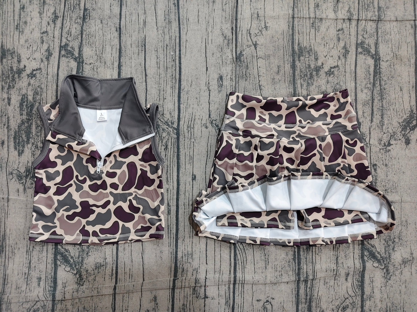 Baby Girls Brown Camo Zipper Top Skirt Short Yoga Active Clothes Set Preorder