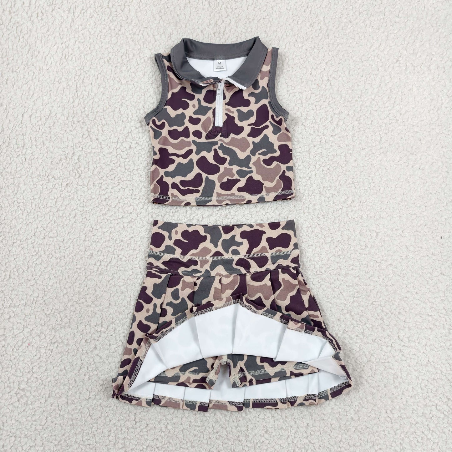 Baby Girls Brown Camo Zip Vest Pleated Skirt Short Yoga Active Clothes Set