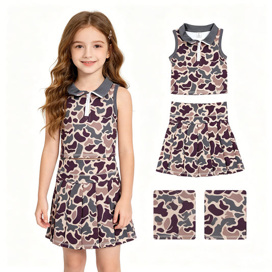 Baby Girls Brown Camo Zip Vest Pleated Skirt Short Yoga Active Clothes Set