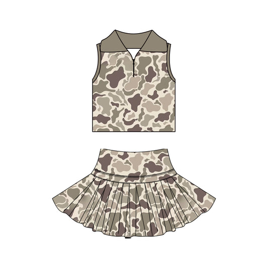Baby Girls Khaki Camo Zipper Top Skirt Short Yoga Active Clothes Set Preorder