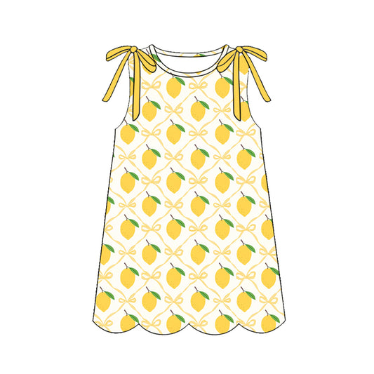 Baby Girls Sleeveless Bows Lemons Checked Scallop Knee Length Dresses Preorder