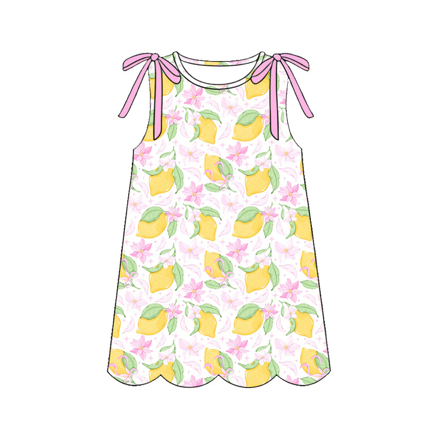 Baby Girls Sleeveless Lemons Flowers Scallop Knee Length Dresses Preorder
