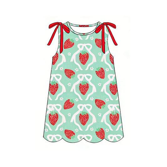 Baby Girls Sleeveless Bows Strawberry Scallop Knee Length Dresses Preorder