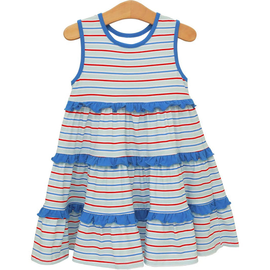 Baby Girls Sleeveless Red Blue Stripe 4th of July Patchwork Knee Length Dress Preorder