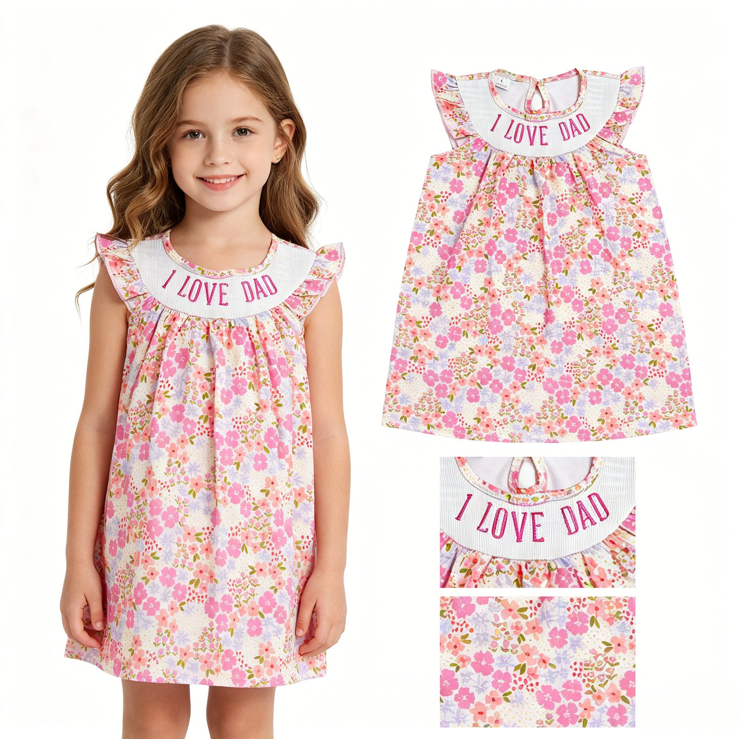 Smocked I Love Dad Baby Girls Flutter Sleeve Flowers Knee Length Dresses