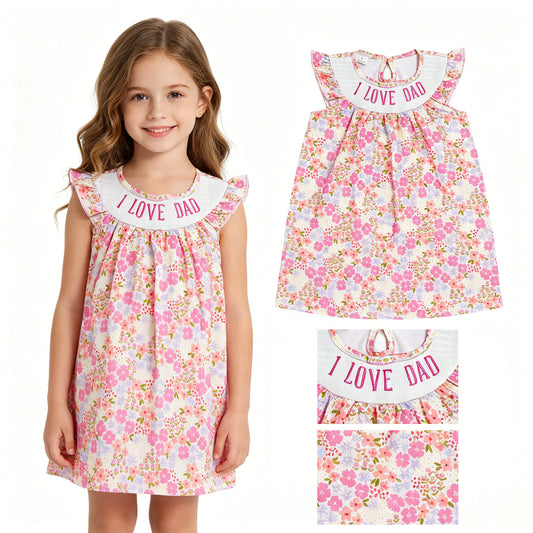Smocked I Love Dad Baby Girls Flutter Sleeve Flowers Knee Length Dresses