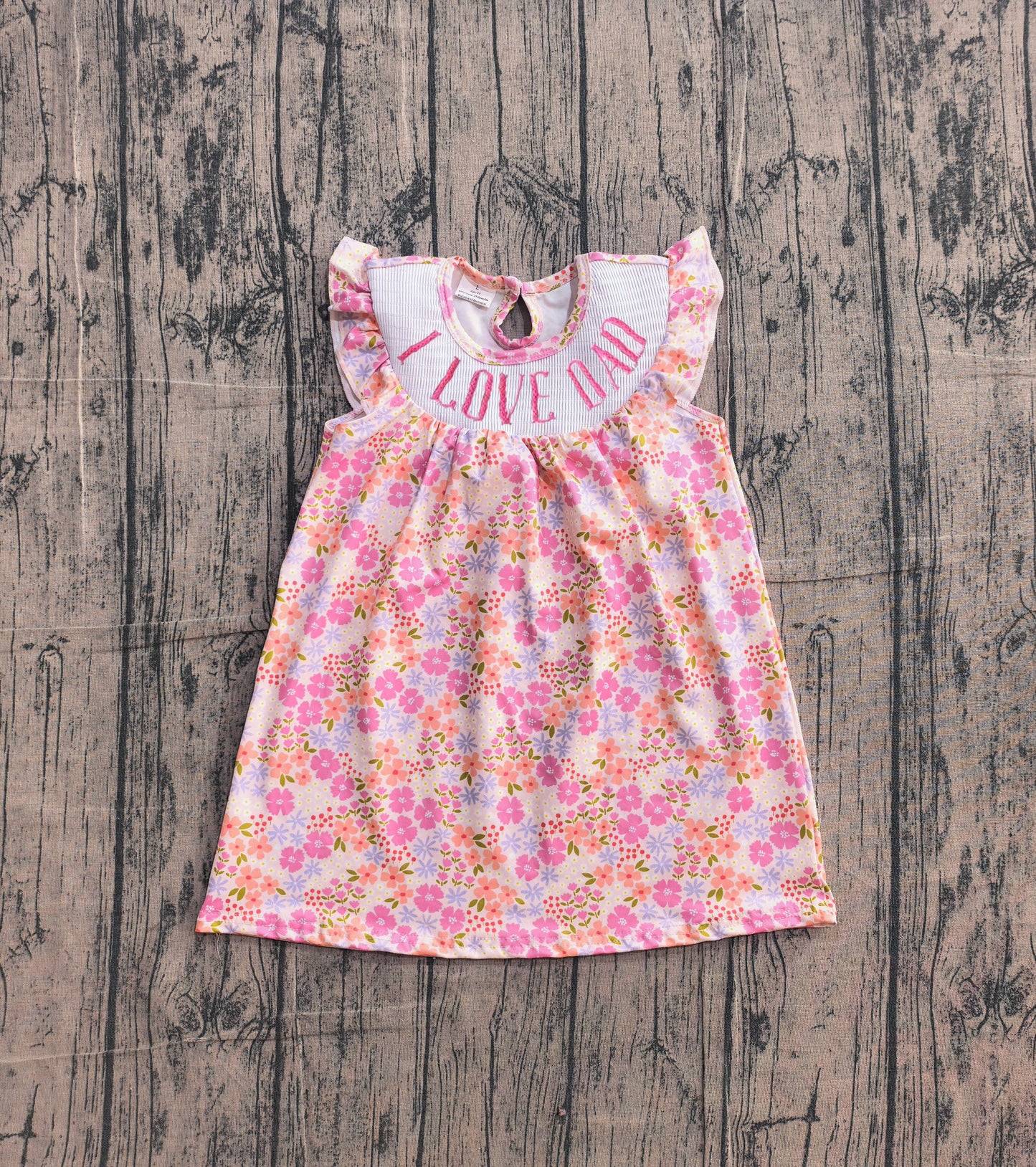 Smocked I Love Dad Baby Girls Flutter Sleeve Flowers Knee Length Dress Preorder