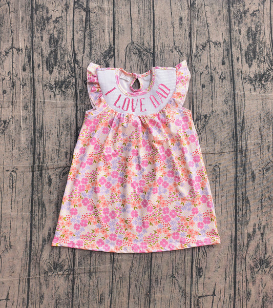 Smocked I Love Dad Baby Girls Flutter Sleeve Flowers Knee Length Dress Preorder