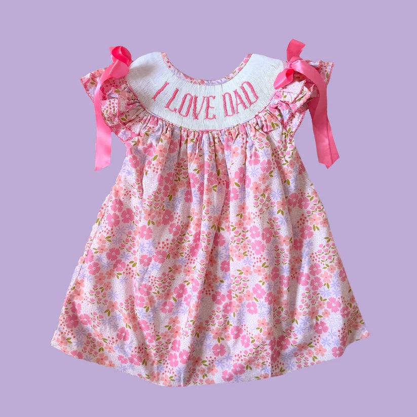 Smocked I Love Dad Baby Girls Flutter Sleeve Flowers Knee Length Dress Preorder