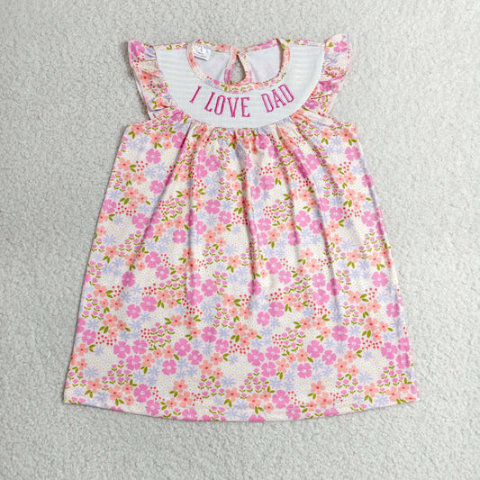 Smocked I Love Dad Baby Girls Flutter Sleeve Flowers Knee Length Dresses