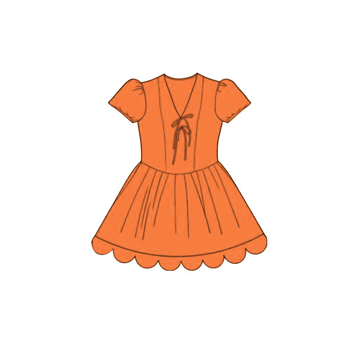 Baby Girls Orange Short Ruffle Sleeve Scallop Princess Knee Length Dress Preorder
