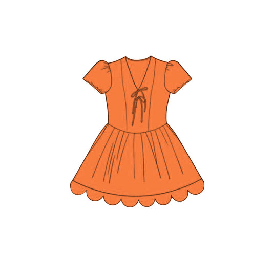 Baby Girls Orange Short Ruffle Sleeve Scallop Princess Knee Length Dress Preorder