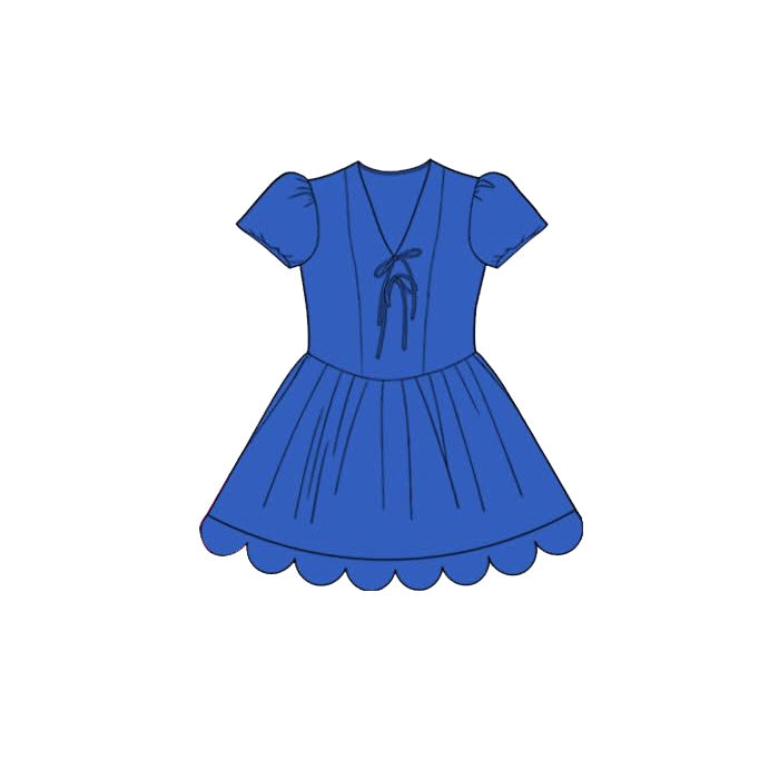 Baby Girls Hot Blue Short Ruffle Sleeve Scallop Princess Knee Length Dress Preorder