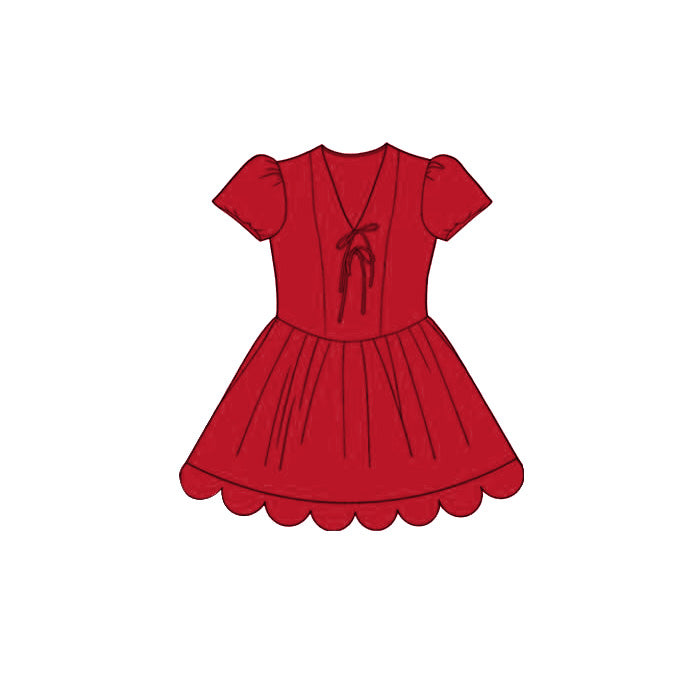 Baby Girls Red Short Ruffle Sleeve Scallop Princess Knee Length Dress Preorder