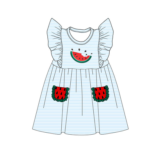 Baby Girls Flutter Sleeve Blue Stripe Watermelon Pockets Knee Length Dress Preorder
