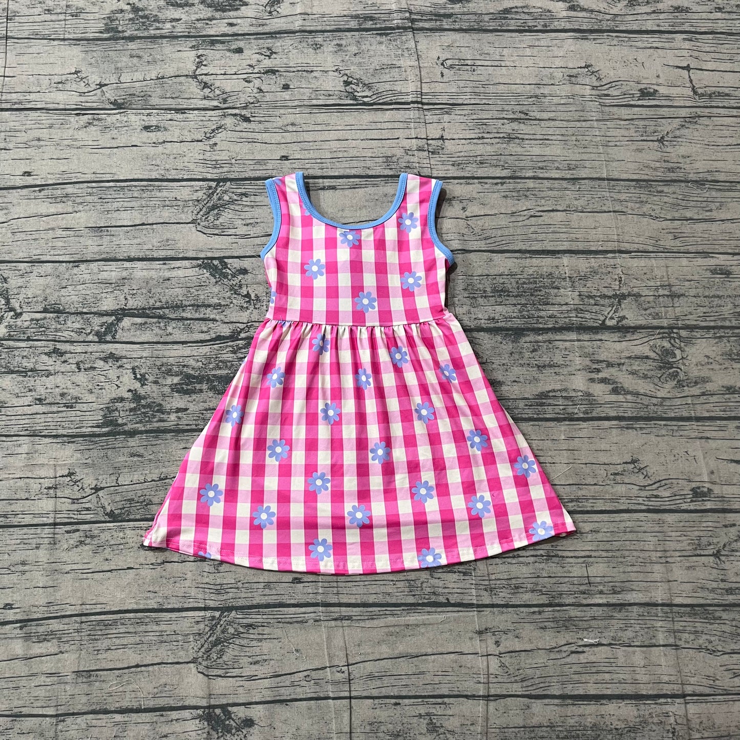 Baby Girls Sleeveless Pink Checked Flowers Back Bow Knee Length Dresses