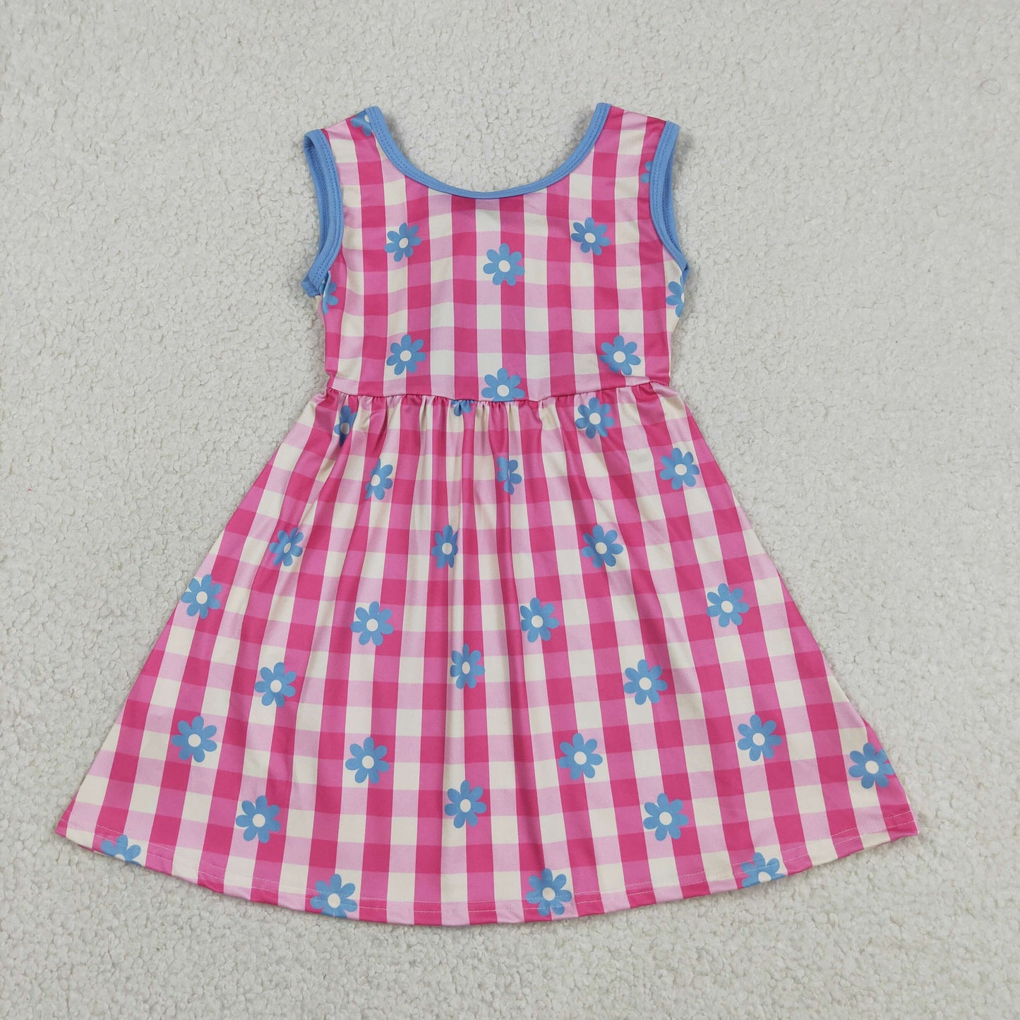 Baby Girls Sleeveless Pink Checked Flowers Back Bow Knee Length Dresses