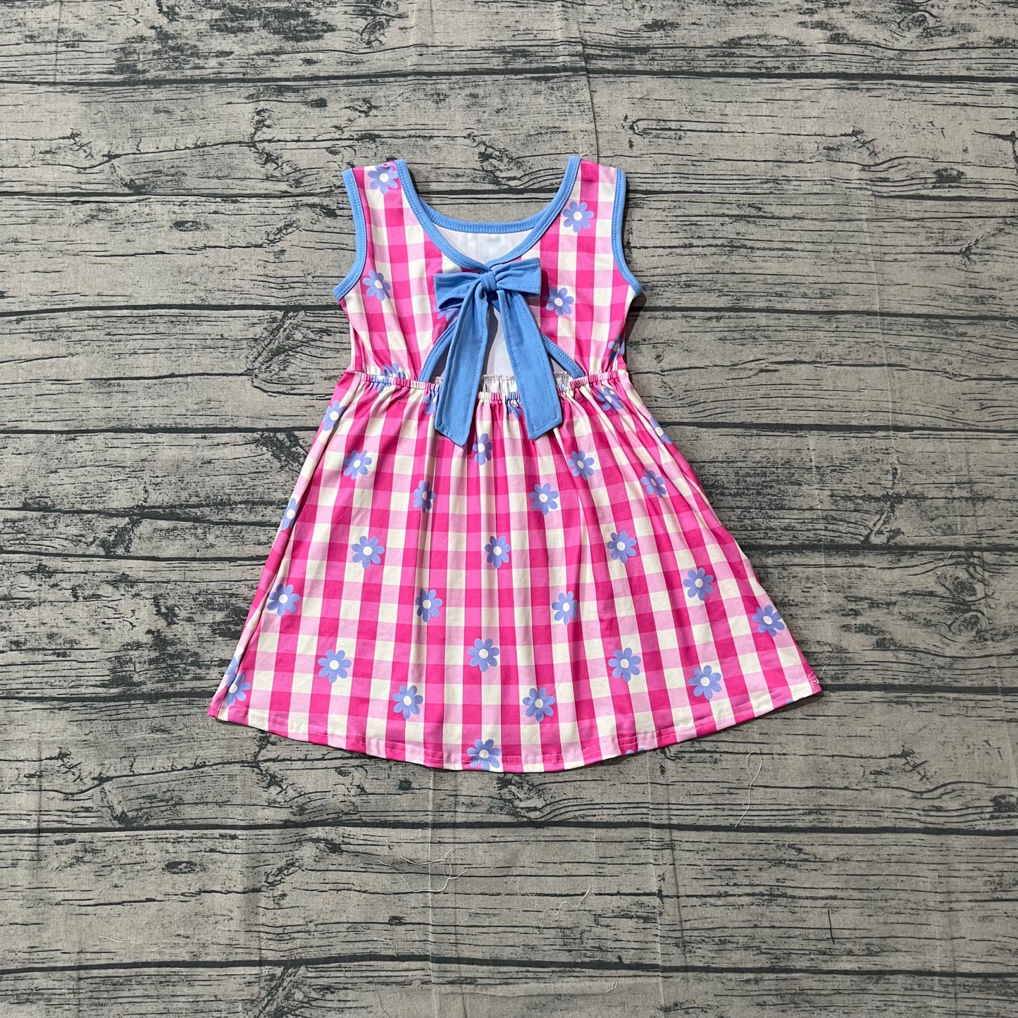 Baby Girls Sleeveless Pink Checked Flowers Back Bow Knee Length Dresses