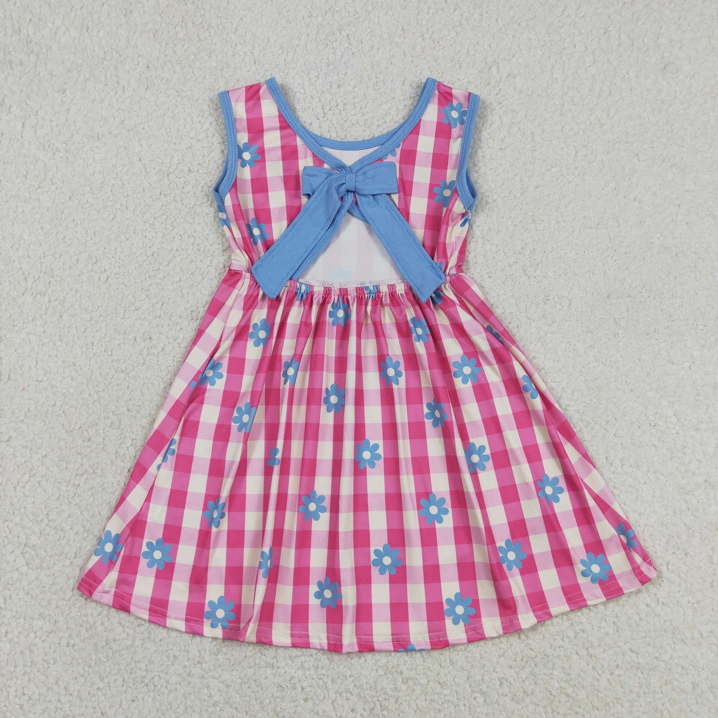 Baby Girls Sleeveless Pink Checked Flowers Back Bow Knee Length Dresses