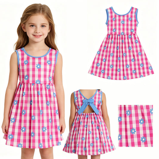 Baby Girls Sleeveless Pink Checked Flowers Back Bow Knee Length Dresses