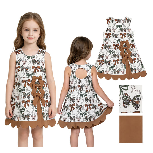 Baby Girls Camo Bows Deer Hunting Yoga Active Short Bows Scallop Knee Length Dress